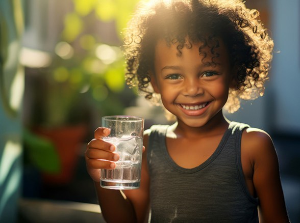 a child holding a glass of water and smiling
