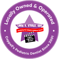 Badge saying Locally Owned and Operated Coppell's Pediatric Dentist Since 2001