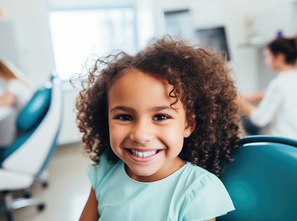 Closeup of child smiling while sitting in dental office