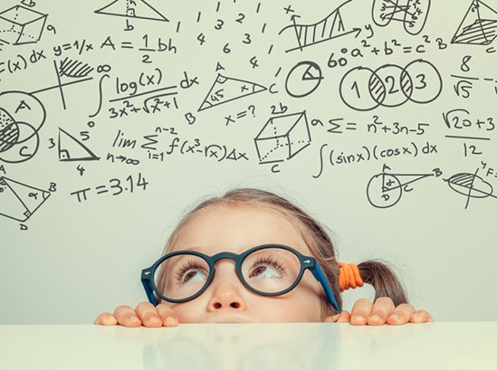 Child looking up at a cluster of math equations 